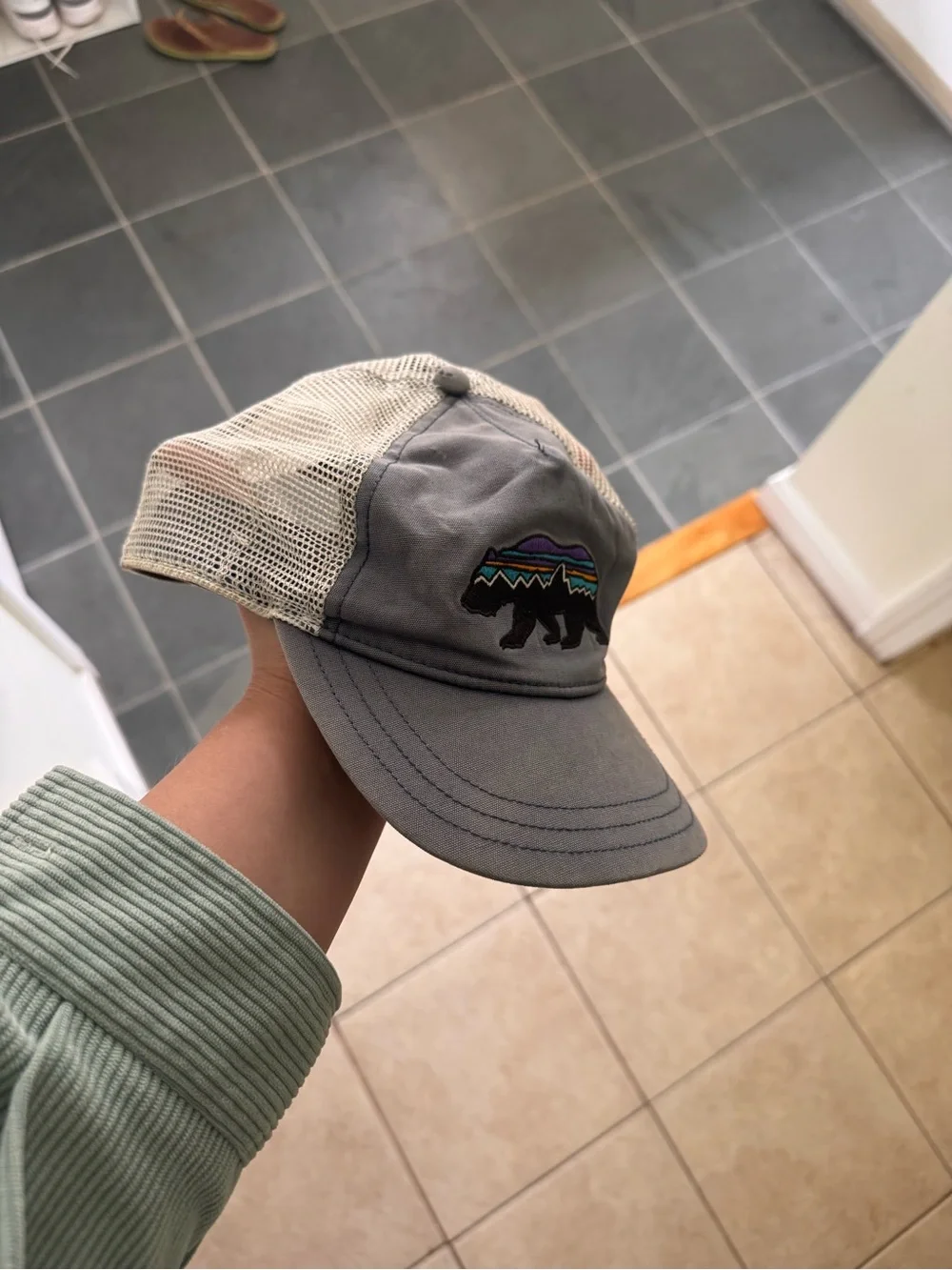 Patagonia Kids Mesh-Back Cap with Colorful Bear Patch - Gray